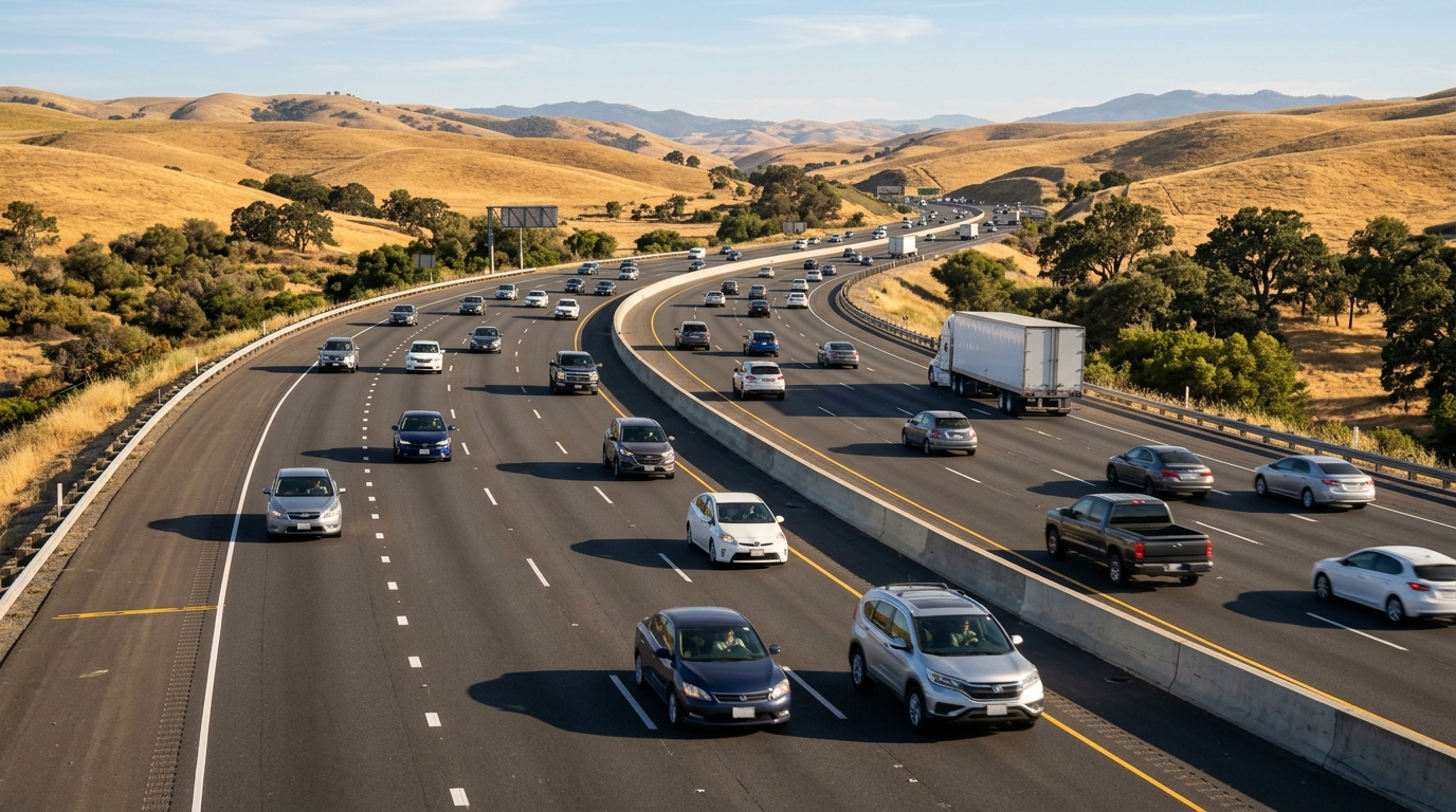 California motorists driving safely on a multilane freeway