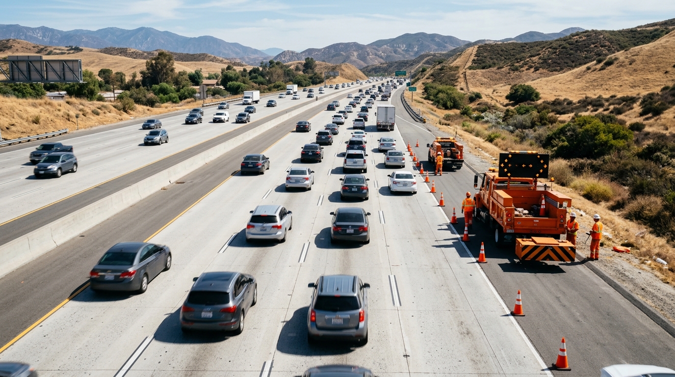 California motorists moving over for a highway maintenance vehicle