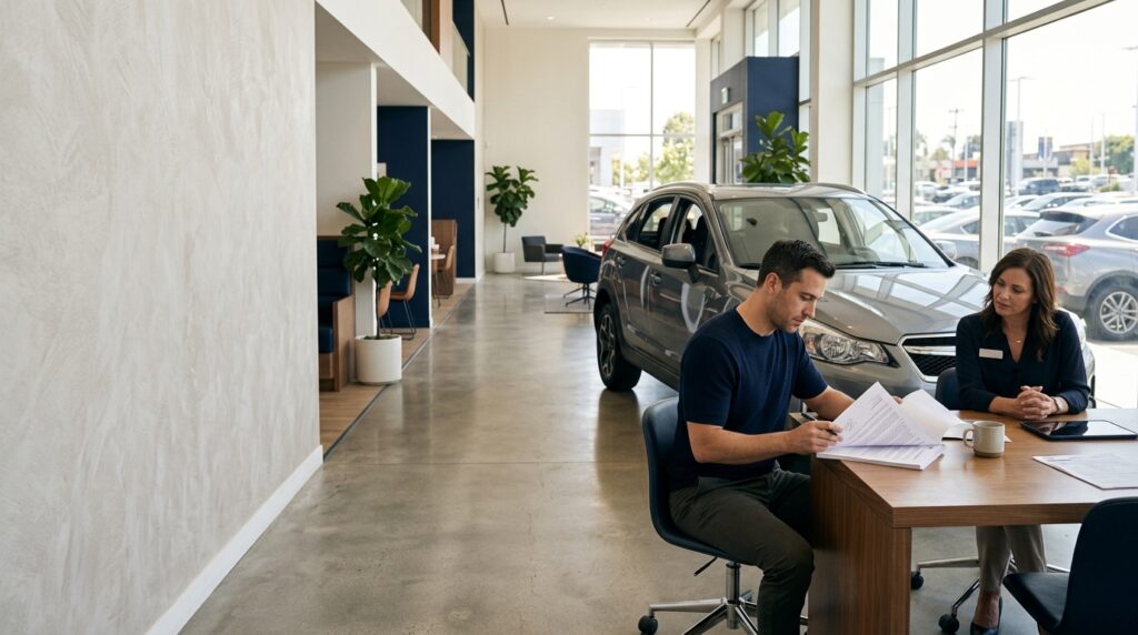 California used car buyer reviewing a vehicle purchase