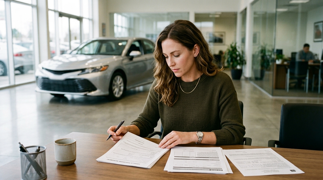 California used car buyer reviewing purchase documents