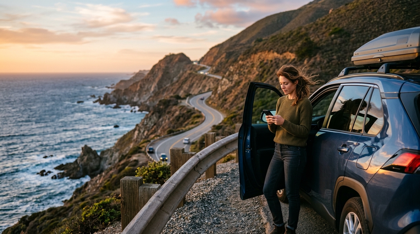 Driver checking Highway 1 road conditions during a California road trip