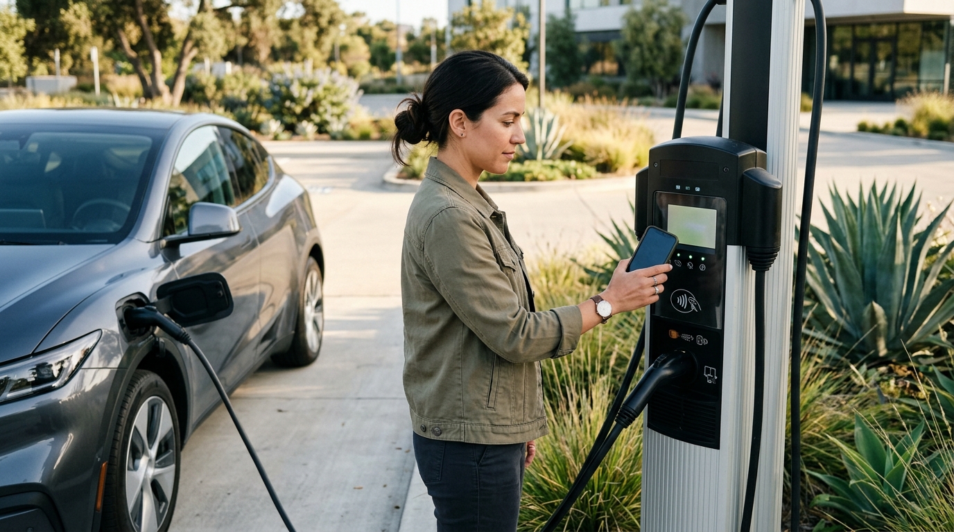 EV driver using contactless payment at a California charging station
