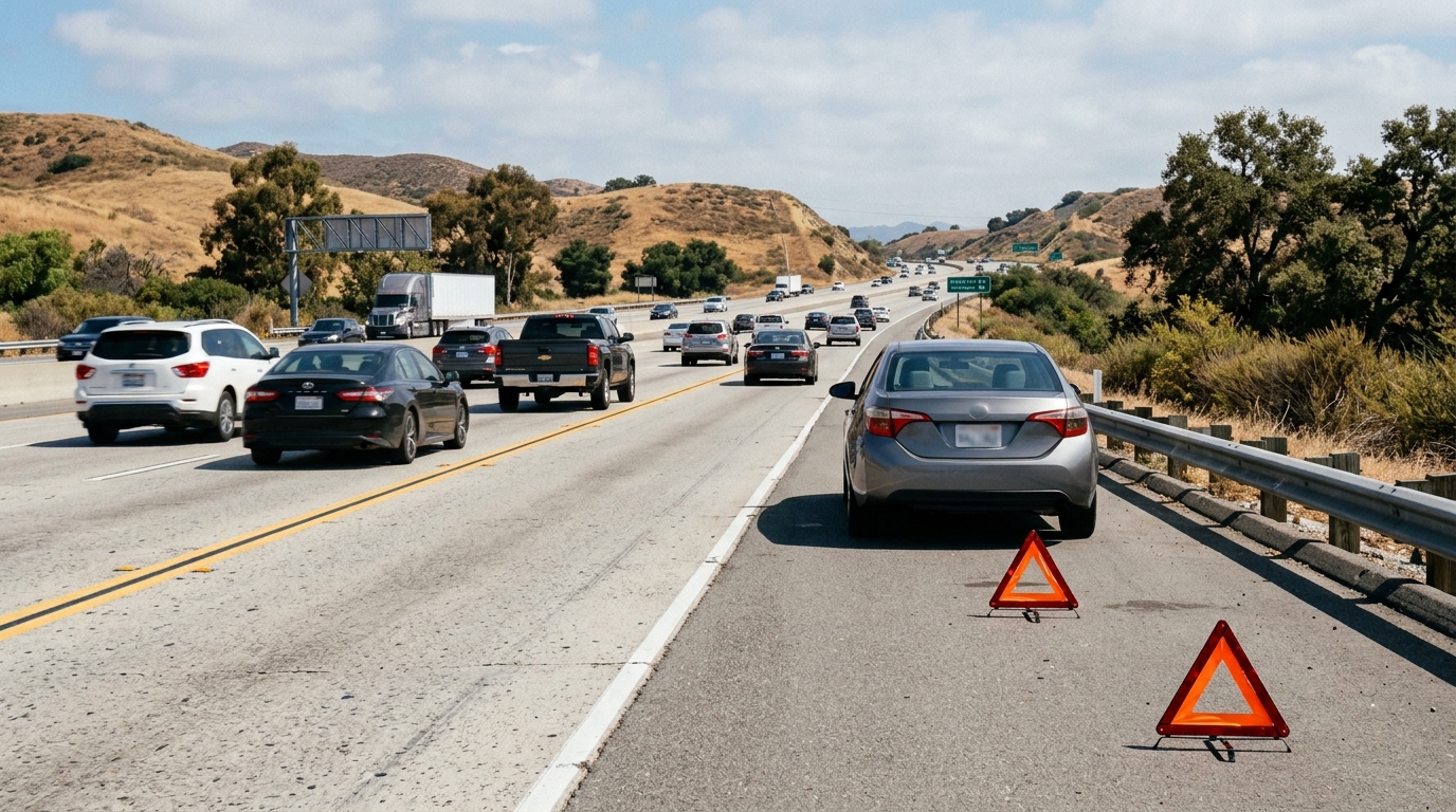 Stopped vehicle with hazard lights on a California highway shoulder