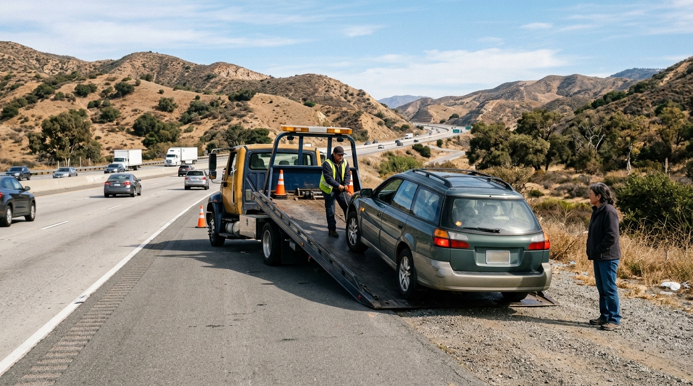Towing and roadside assistance on a California highway
